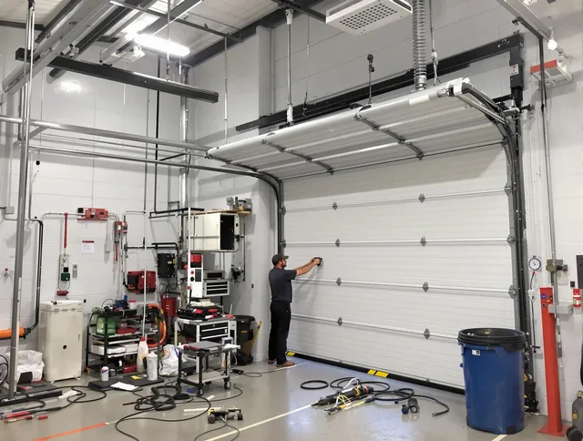 Willoughby Garage Door Repair certified technician performing commercial door repair at a Willoughby business facility