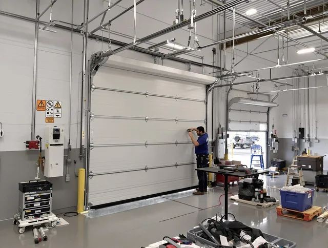 Commercial garage door repair being performed by Willoughby Garage Door Repair expert in Willoughby