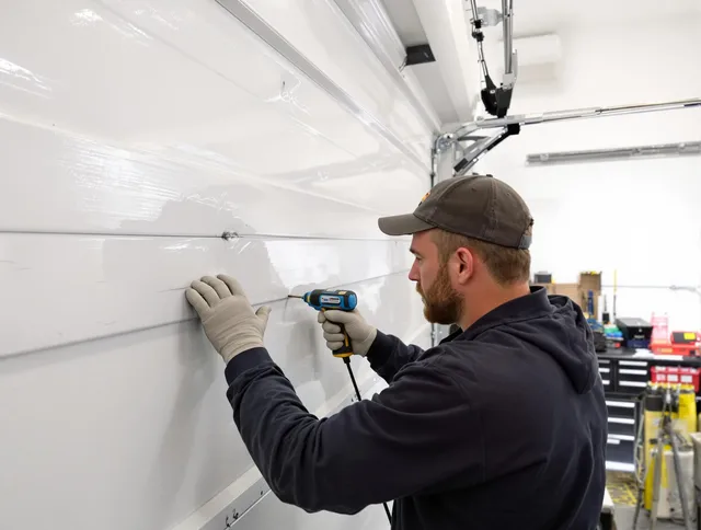 Willoughby Garage Door Repair technician demonstrating precision dent removal techniques on a Willoughby garage door