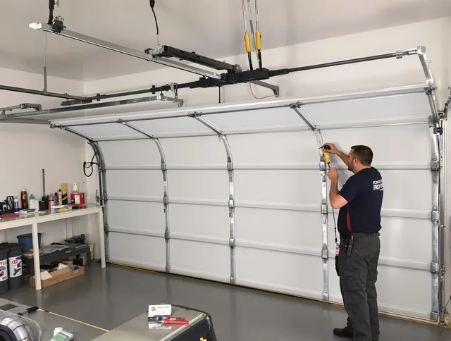 Willoughby Garage Door Repair certified technician performing overhead door system repair in Willoughby