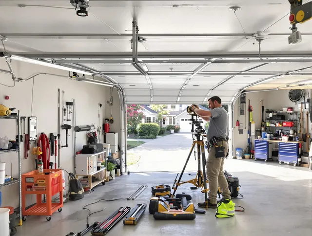 Willoughby Garage Door Repair specialist performing laser-guided track alignment in Willoughby